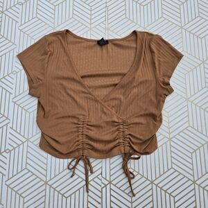 Rue21 Brown Ribbed Tie-Front Crop Top Large